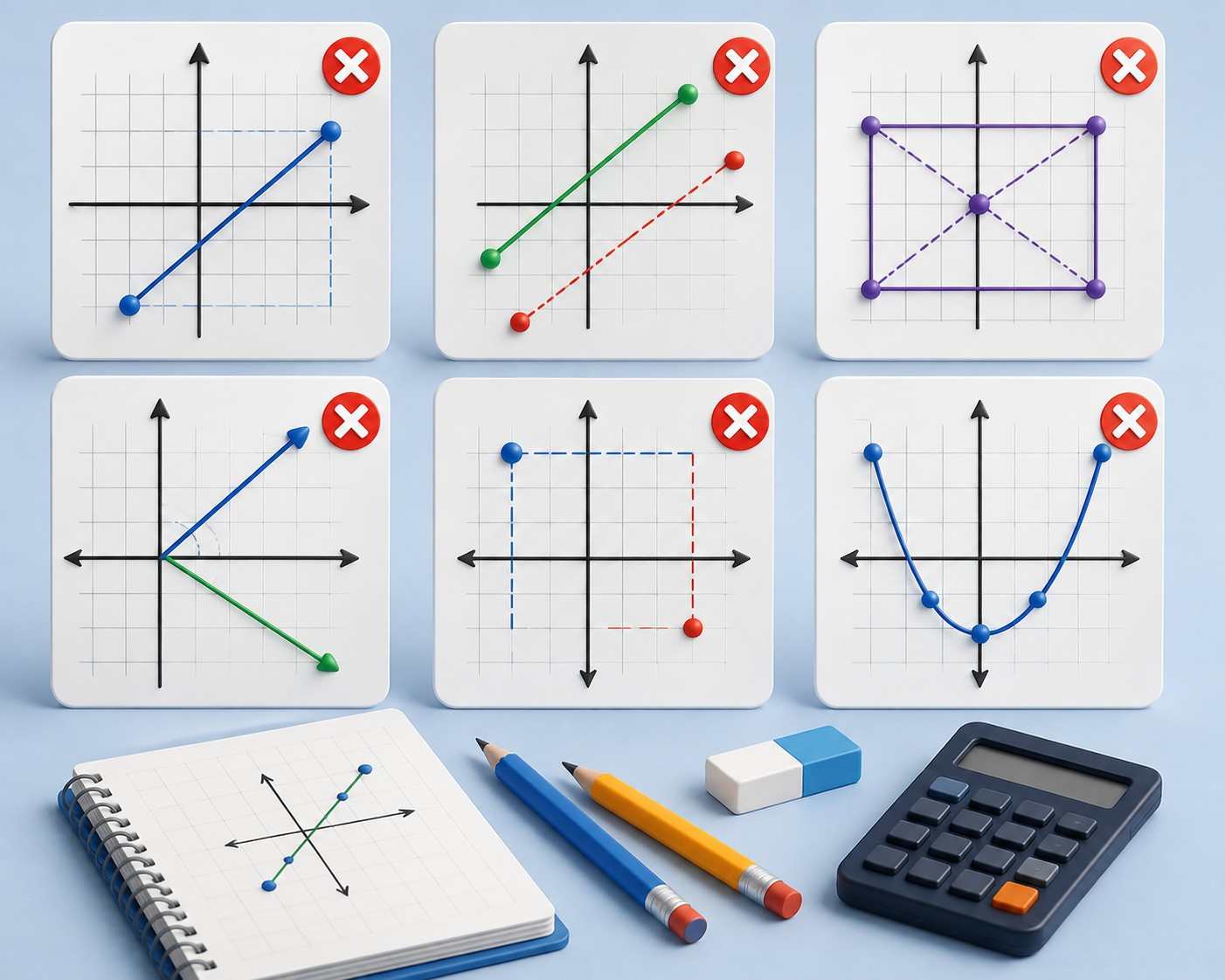 Coordinate geometry GMAT mistakes illustration featuring incorrect graph interpretations, coordinate planes, slope errors, distance calculations, plotted points, notebook, pencils and calculator representing common quantitative reasoning errors.